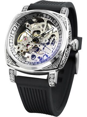 Men's Black Square Mechanical Rubber Buckle Self-Wind Carved Automatic Watch